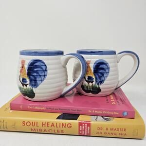 Vintage Ceramic Alco Rooster Coffee Mugs Cup 2pc White Blue Rim